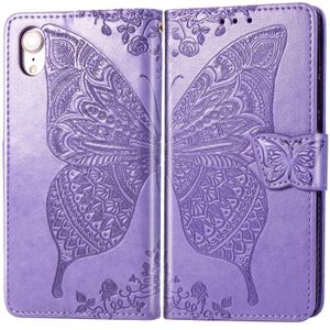 Butterfly Love bloemen relif horizontale Flip lederen case voor iPhone XR  met houder & kaartsleuven & portemonnee & Lanyard (licht paars)