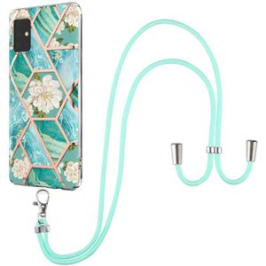 Voor Samsung Galaxy A51 5G Electroplating Splicing Marmeren Bloempatroon TPU Shockproof Case met Lanyard (Blue Flower)