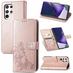 Voor Samsung Galaxy S22 Ultra 5G vier-blad gesp in het relif lederen telefoonhoesje met Lanyard & Card Slot & Wallet & Bracket-functie (ROSE GOUD)