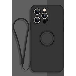 All-inclusive Liquid Silicone Phone Protective Case with Ring Holder & Lanyard For iPhone 13 Pro(Black)