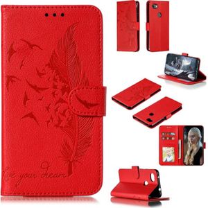 Feather patroon Litchi textuur horizontale Flip lederen draagtas met portemonnee & houder & kaartsleuven voor Google pixel 3a XL (rood)