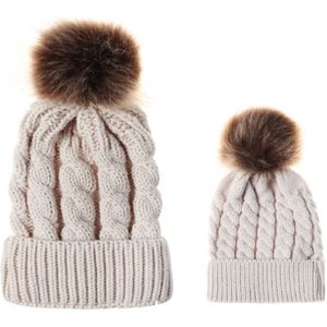 2 in 1 herfst en winter ouder-kind hoed set warme twist textuur gebreide muts met wol bal  grootte: ouder-kind (kaki)