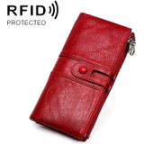3520 lange koeienhuid lederen opvouwbare anti-magnetische RFID portemonnee voor dames  met kaartsleuven (rood)