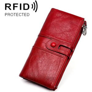 3520 lange koeienhuid lederen opvouwbare anti-magnetische RFID portemonnee voor dames  met kaartsleuven (rood)