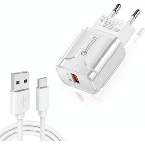 LZ-023 18W QC 3.0 USB Portable Travel Charger + 3A USB naar Type-C-gegevenskabel  EU-stekker(wit)