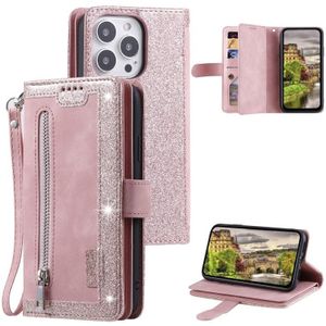 Voor iPhone 15 Pro Negen Card Rits Tas Lederen Telefoon Case met Lanyard(Roze)