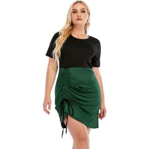 Plus Size Crew Neck Short Mouw Hoge Taille Ruched Jurk (kleur: Groen Maat: L)