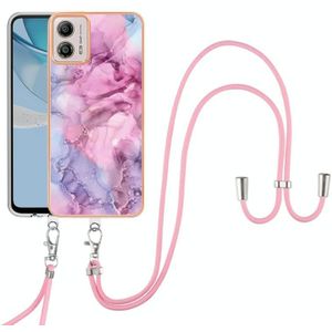 Voor Motorola Moto G53 Galvaniseren Marmer Dual-side IMD Telefoonhoes met Lanyard (roze 013)