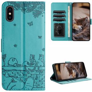 Voor iPhone XS Max Cat relifpatroon lederen telefoonhoes met lanyard