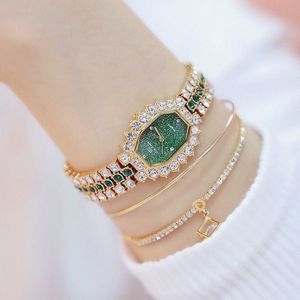 BS beesister FA1581 vrouwen achthoekige wijzerplaat Diamond plated strass armband quartz horloge (gouden shell groene diamant)