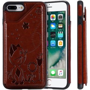 Voor iPhone 8 plus/7 plus Kat Bee relif patroon schokbestendige beschermende case met kaartsleuven & fotolijstjes (bruin)