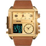 SKMEI 1391 multifunctionele mannen Business digitaal horloge 30m waterdicht Square Dial polshorloge met lederen Watchband(Gold)