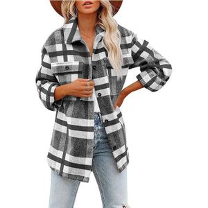 Revers Lange Mouwen Flanel Check Shirt Losse Casual Cardigan Jacket voor Dames (kleur: zwart en wit Maat: XL)