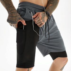 Heren zomer sneldrogend casual fitness 5/10 broek dubbellaags anti-glans sportshorts  maat: M (Dark Gary)