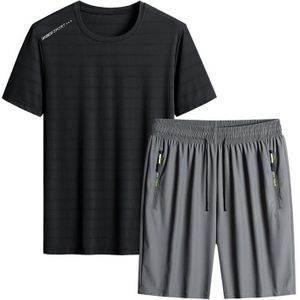 Zomer heren T-shirt korte broek sportpak casual fitness tweedelige set  maat: XXXL (zwarte top + grijze shorts)