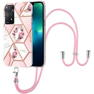 For Xiaomi Redmi Note 11 Pro 5G / 4G Foreign Splicing Marble Flower Pattern TPU Phone Case with Lanyard(Pink Flower)