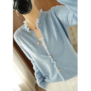 Pearl Button Crew Neck Lace Trim Cardigan Sweater (kleur: Blauw Maat: One Size)