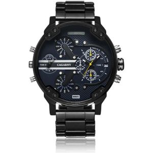 CAGARNY 6820 modieuze zakelijke stijl grote Dial Dual tijd zone quartz uurwerk polshorloge met roestvrijstaal band & kalender functie voor mannen ((Black stalen band blauw venster)