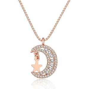 A206 Women Moon Star Micro Inlay Hanger Sleutelbeen Ketting (Rose Gold with Chain)