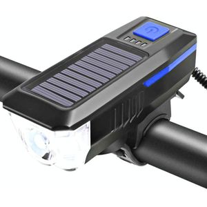 Fiets Zonnekoplamp Horn Light Night Riding USB Opladen koplamp Fiets Schittering Zaklamp Equipment (Blauw)