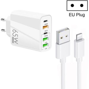 65W Dual PD Type-C + 3 x USB Multi Port-oplader met 3A USB naar 8-pins datakabel  EU-stekker