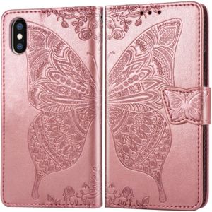 Butterfly Love bloemen relif horizontale Flip lederen case voor iPhone X  met houder & kaartsleuven & portemonnee & Lanyard (Rose goud)