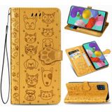 Voor Galaxy A51 5G Cute Cat en Dog Embossed Horizontale Flip Lederen Case met Bracket / Card Slot / Wallet / Lanyard(Geel)
