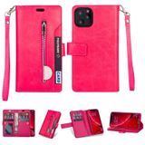 Voor iPhone 11 Pro Max Multifunctionele Rits Horizontale Flip Lederen Case met Holder & Wallet & 9 Card Slots & Lanyard(Rose Red)