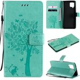 Voor Samsung Galaxy A42 5G Tree & Cat Patroon Geperst Afdrukken Horizontale Flip PU Lederen case met Holder & Card Slots & Wallet & Lanyard(Groen)