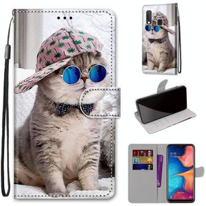 Voor Samsung Galaxy A20e Coloured Drawing Cross Texture Horizontale Flip PU Lederen case met Holder & Card Slots & Wallet & Lanyard (Schuine Hoed Blauwe Spiegel Cat)