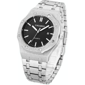 CAGARNY 6885 Octagonal Dial Quartz Dual Movement Watch Men Stainless Steel Strap Watch (Silver Shell Black Dial)
