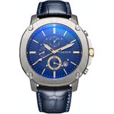 Ochstin 5039C Multifunctioneel Business Herenhorloge Lichtgevend Waterdicht Leren Quartz Horloge (Zilver + Goud + Blauw)