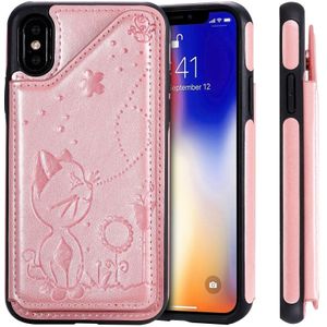 Voor iPhone XS kat Bee relif patroon schokbestendige beschermende case met kaartsleuven & fotolijstjes (Rose goud)