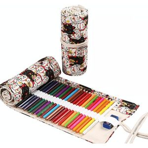 2 stks 36 gaten handgemaakte canvas pen gordijn groot-capaciteit potlood case voor jongens en meisjes kleurpotlood schets briefpapier doos (Lucky Cat)