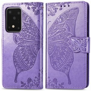 Voor Samsung Galaxy S20 Ultra Butterfly Love Flower Embossed Horizontale Flip Lederen Case met beugel / Card Slot / Wallet / Lanyard (Light Purple)