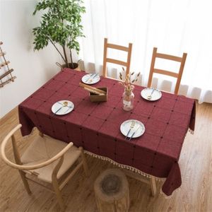 Vierkant rooster geborduurd tafelkleed Pure Color Katoen linnen Kwast rechthoekige salontafelmat  grootte:140x220cm(Rood)