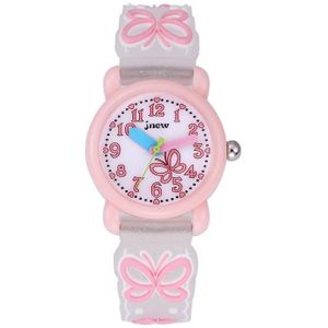 JNEW A335-86228 Kinderen Cartoon 3D Love Butterfly Silicone Waterproof Quartz horloge (roze shell witte riem)