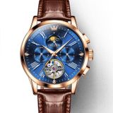 OLREVS 9912 Hollow Flywheel Week Kalender Wijzerplaat Lichtgevend mechanisch horloge voor mannen (Rose Gold Shell Blue Surpain)