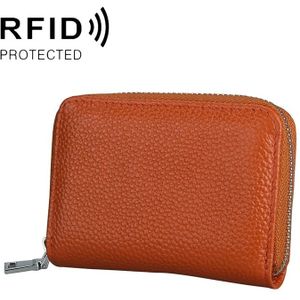 KB205 Antimagnetische RFID Litchi textuur lederen rits grote-capaciteit kaarthouder portemonnee (bruin)