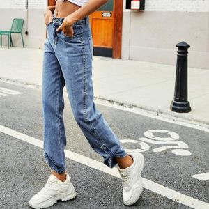 Dames Denim-knop Verstelbare lengte jeans (kleur: lichtblauw Maat: M)