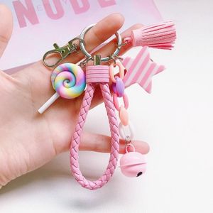 4 STUKS Schattige Zachte Klei Regenboog Sleutelhanger Student Schooltas Lollipop Hanger  Kleur: Roze Touw Lollipop