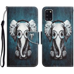 Voor Samsung Galaxy A31 gekleurde tekening lederen telefoonhoes (oortelefoon olifant)