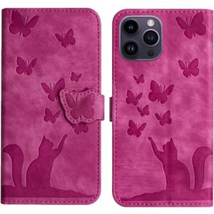 Voor iPhone 13 Pro Max Vlinder Kat Embossing Flip Leren Telefoonhoesje (Roze)