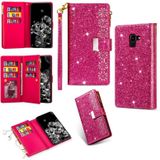 Voor Samsung Galaxy J6 (2018) Multi-card Slots Starry Sky Laser Carving Glitter Zipper Horizontale Flip Lederen Case met Holder & Wallet & Lanyard(Rose Red)