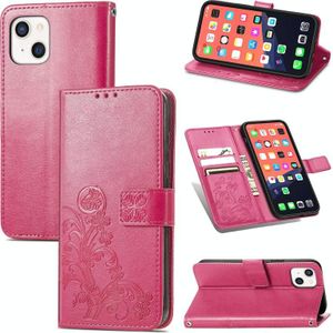 Voor iPhone 13 Mini Vierblad Klaver Clasp Inmorting Buckle Mobiele Telefoon Bescherming Leren Case met Lanyard & Card Slot & Wallet & Bracket-functie (Magenta)