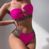 Vrouw sexy effen kleur hoge taille tweedelig bikini badpak  maat: L (roze rood)