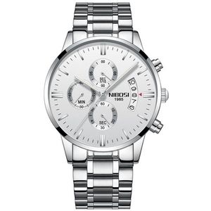 NIBOSI 2353 3-oog zes-naald timing sport quartz horloge voor mannen (zilver wit staal)