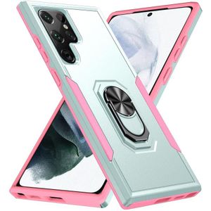 Voor Samsung Galaxy S22 Ultra 5G Pioneer Armor Heavy Duty PC + TPU Houder Phone Case (groen + roze)