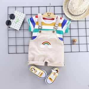 Zomer tweedelige baby bretels pak gestreepte korte mouwen zomer jurk (kleur: beige maat: 80)