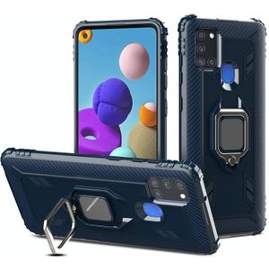 Voor Samsung Galaxy A21S Carbon Fiber Beschermhoes met 360 graden roterende ringhouder(blauw)